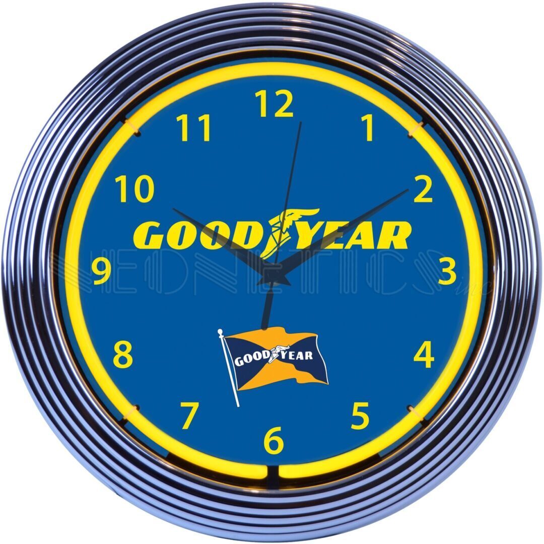 Goodyear Tires Neon Clock Vintage Style, Bright Yellow Light